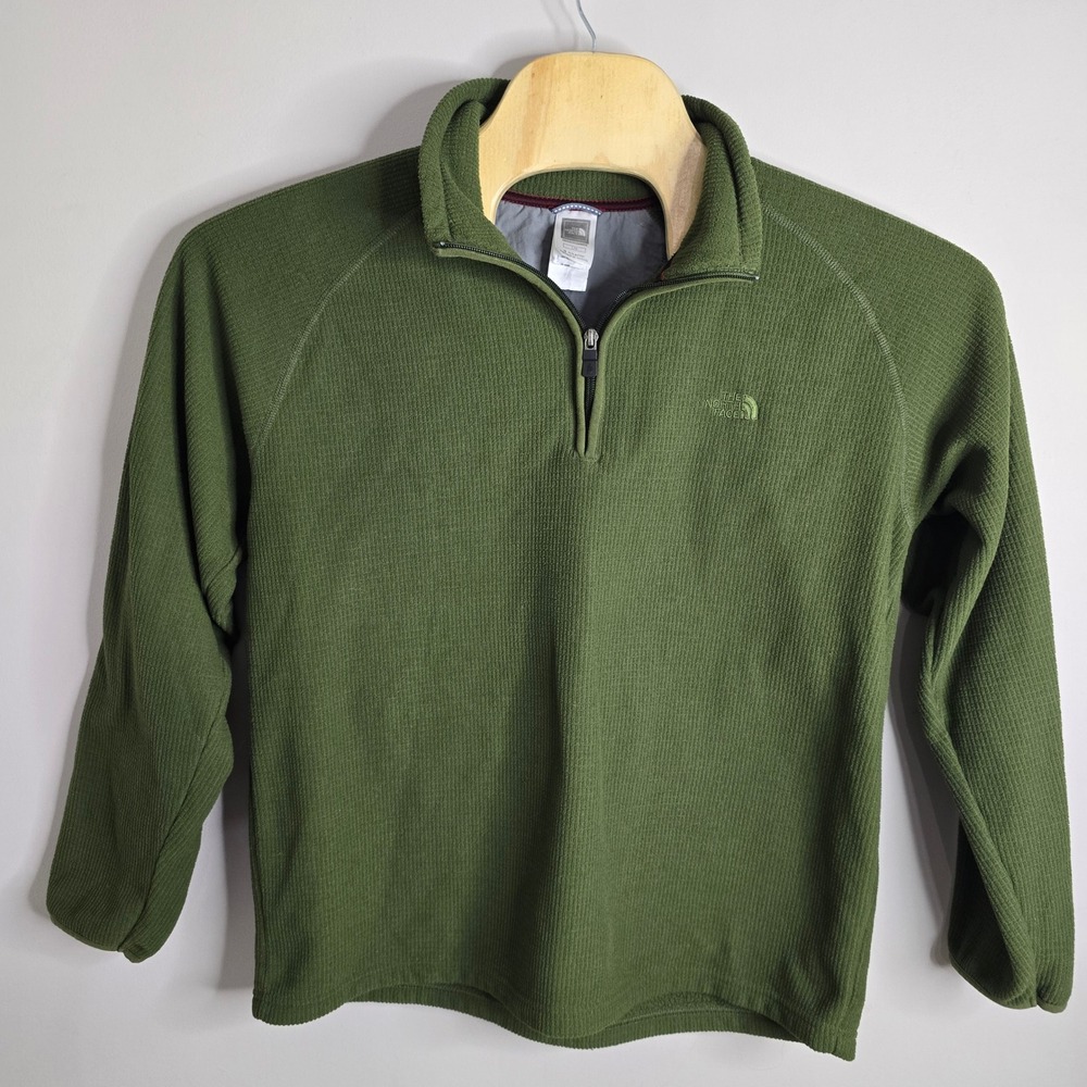 The North Face Mens Olive Green Grid Waffle Knit Quarter Zip Fleece Pullover L